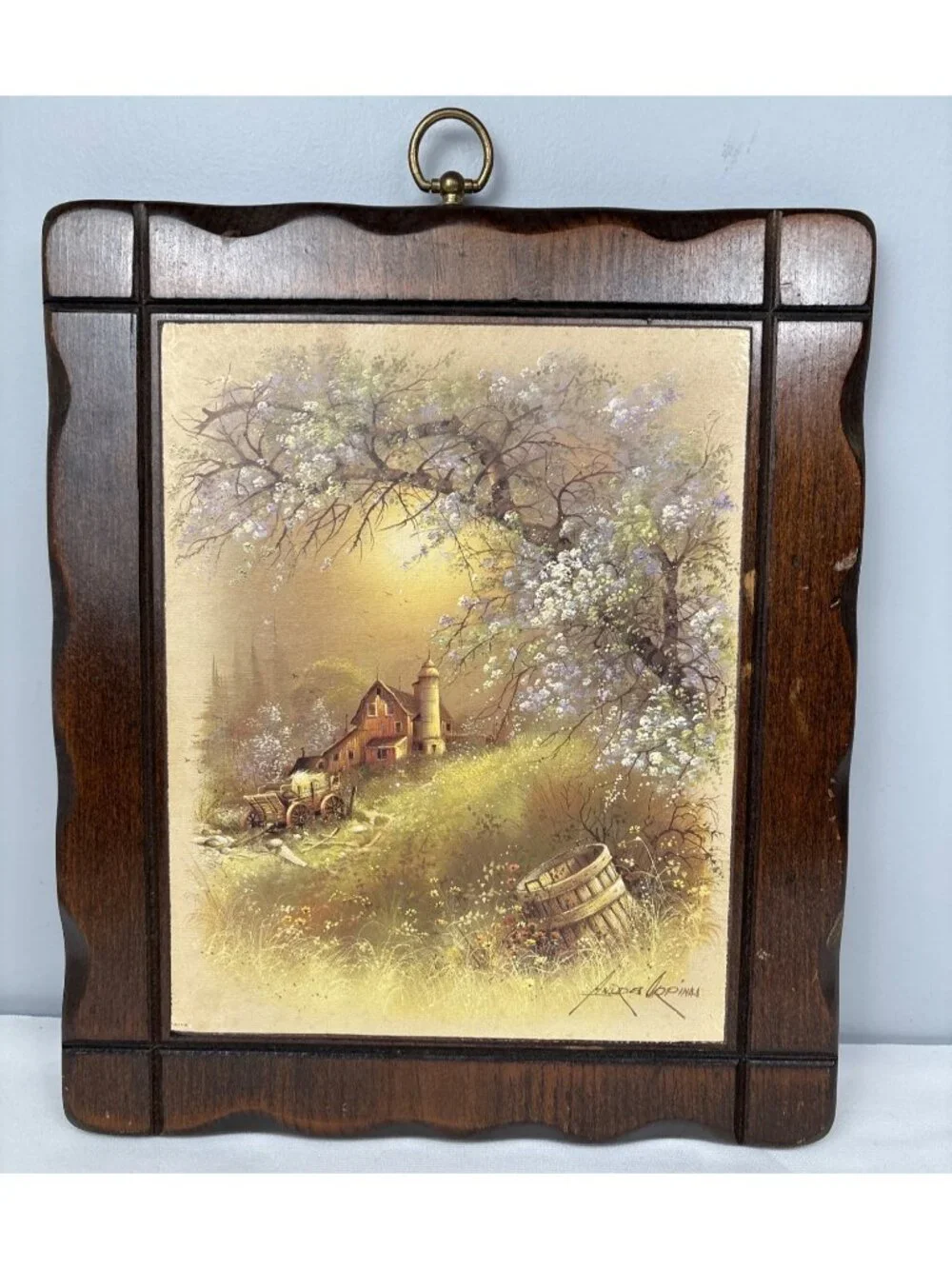 Rustic Wooden Wall Art Scenic Farmhouse Painting Gold-Tone 14x11